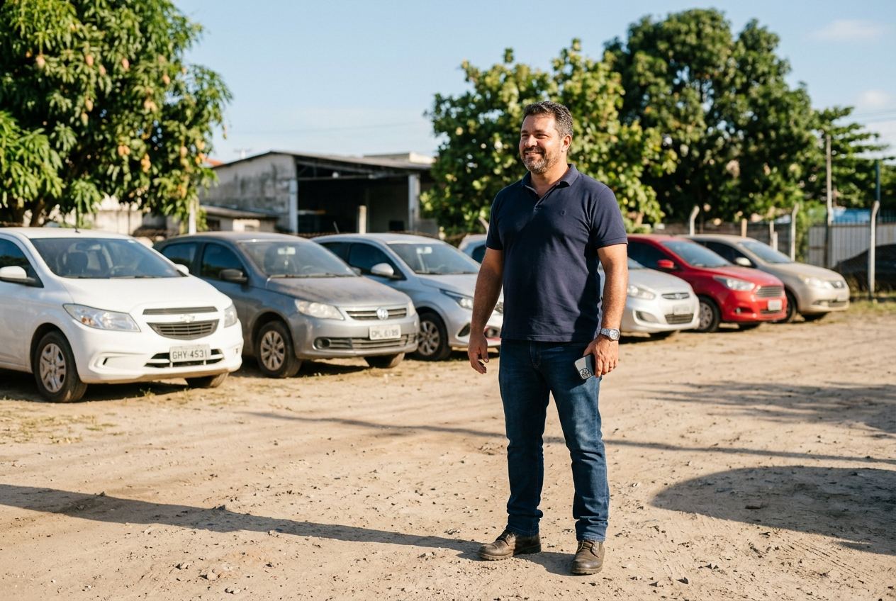 Dono de locadora em pé no pátio, com os carros populares da frota estacionados atrás dele.