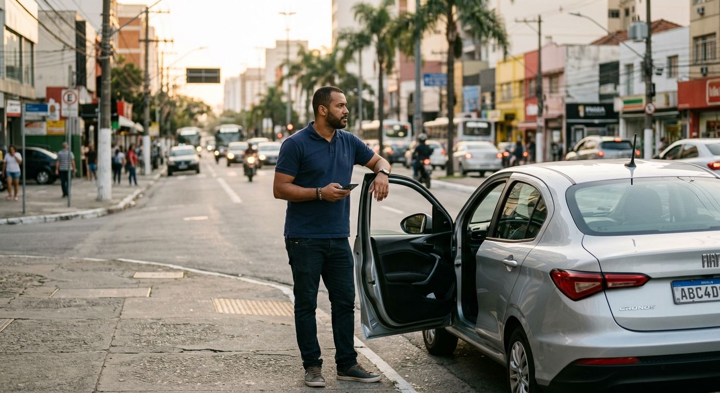 Motorista de aplicativo em pé ao lado do carro alugado, com o celular na mão, numa avenida brasileira no fim da tarde.
