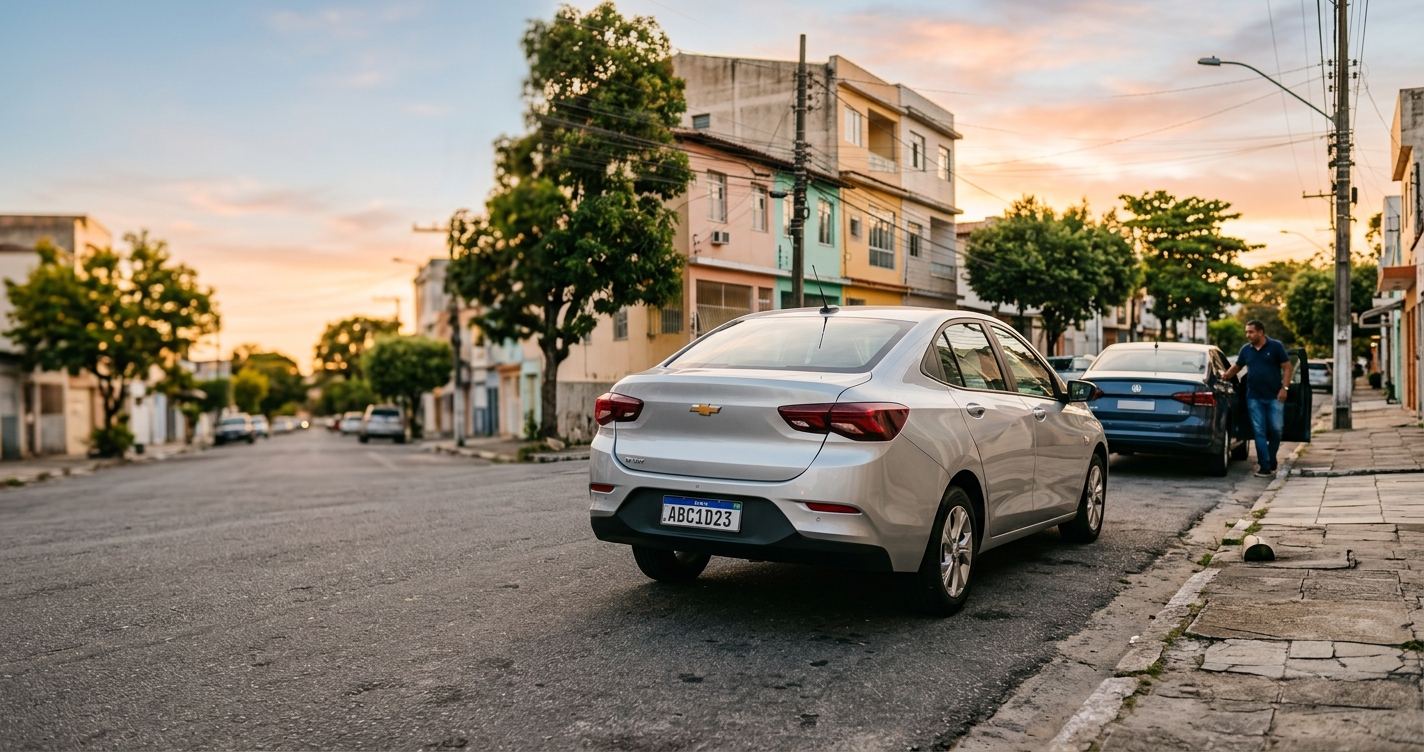 Carro popular estacionado numa rua residencial brasileira ao entardecer, com um motorista entrando no veículo.